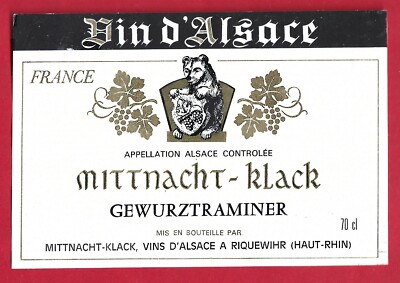 AL22 Etikett Label ALSACE GEWÜRZTRAMINER MITTNACHT-KLACK Riquewihr, BÄR