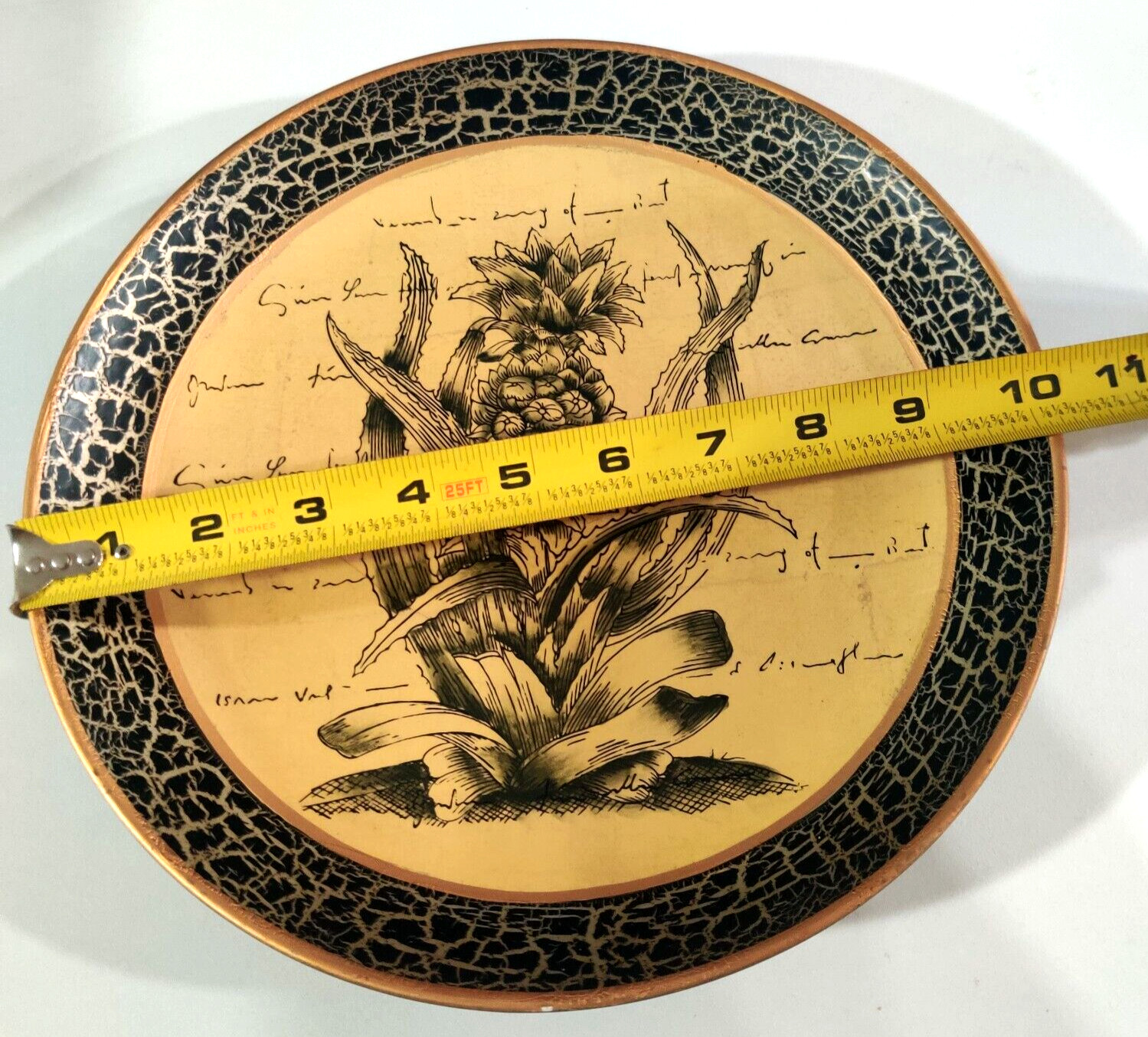 Oriental Accent Decorative Pineapple 10" Decor Plate Black Gold Prosperity Theme