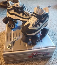 Skechers Girls 4 Wheelers Street Roller Skates Size 1 Blue White Derby Tie Strap