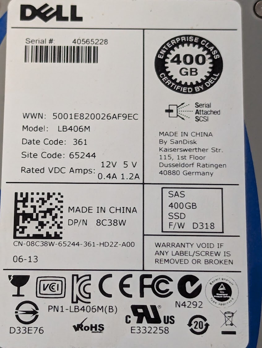 Dell 400GB 8C38W SAS SSD 2.5" 6Gb/s LB406M Server Solid State Drive ...