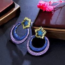 Black Gold Plated Purple CZ Round Drop Dangle Earrings Fashion Brand Jewellery