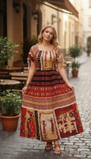 Multi Color Red Kaftan - Paisley Embroidered V-Neck Resort Dress