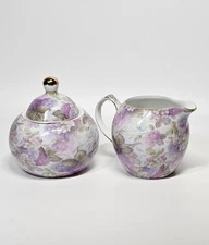 Porcelain Purple & Pink Creamer And Sugar Set Hydrangeas Design With Gold Trim