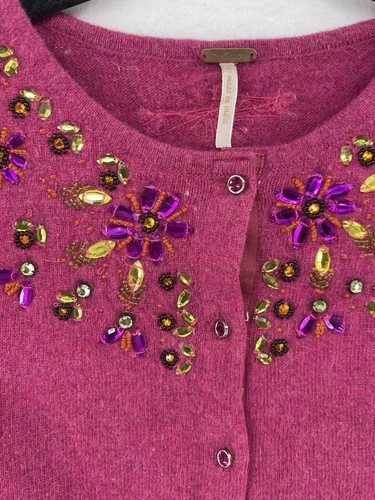 Free People Womens Small Fancy Cardigan Wool Jeweled Embellished Beads Fuchsia - Picture 3 of 14