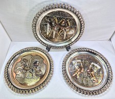 (3) Vintage Egyptian Ornate Engraved Metal Wall Hanging Plates Copper Brass