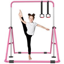 Foldable Gymnastics Bar, 5-Height Adjustable Gymnastic Bars, 140LBS Pink