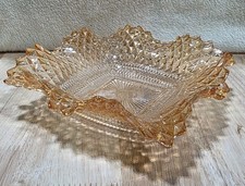 Vintage Indiana Glass Amber Diamond Point Ruffled Edge Trinket Candy Dish