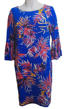 Calvin Klein Dress Womens 12 Blue Tropical Palm Bell Sleeve Stretch Sheath