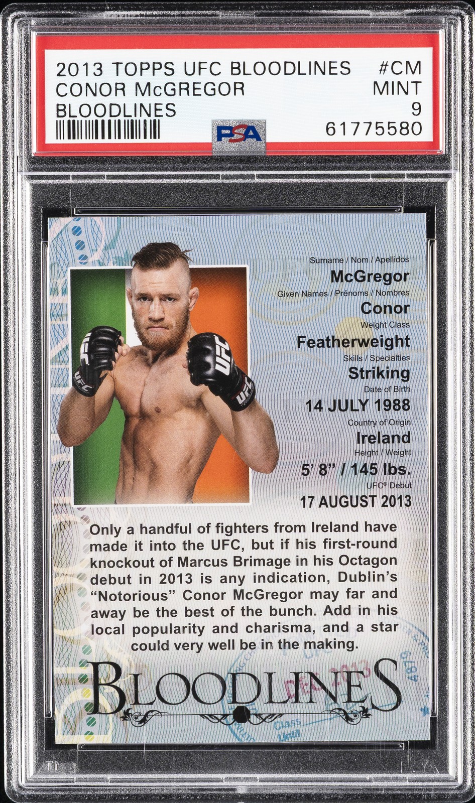 2013 TOPPS UFC BLOODLINES BLOODLINES #CM CONOR MCGREGOR PSA 9