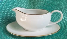Pier One 1 White Gold Line Monno-Bangladesh Gravy Boat w/Underplate