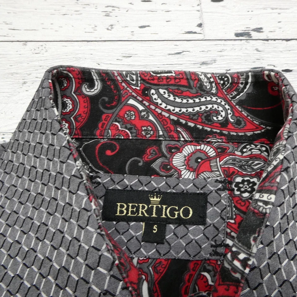 BERTIGO Shirt Mens Small Gray Black Red Geometric Paisley Contrast Dress Cotton - Image 2 of 4