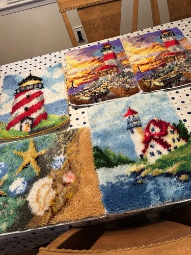 Handmade Latch Hook Rug Summer Seashells Light House Lot 15x19