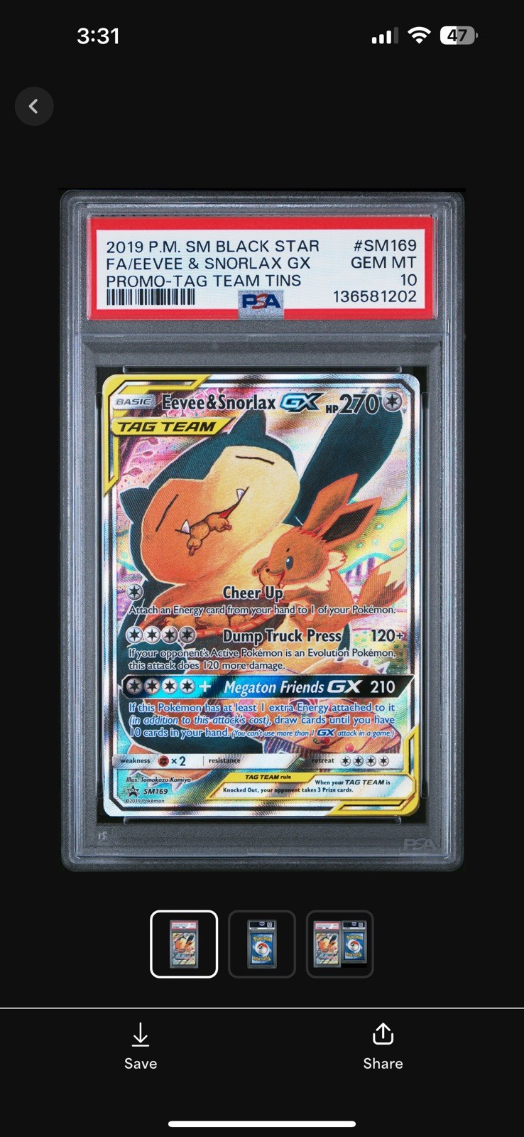 2019 POKEMON SM BLACK STAR #SM169 FA/EEVEE & SNORLAX GX PROMO TAG TEAM PSA 10