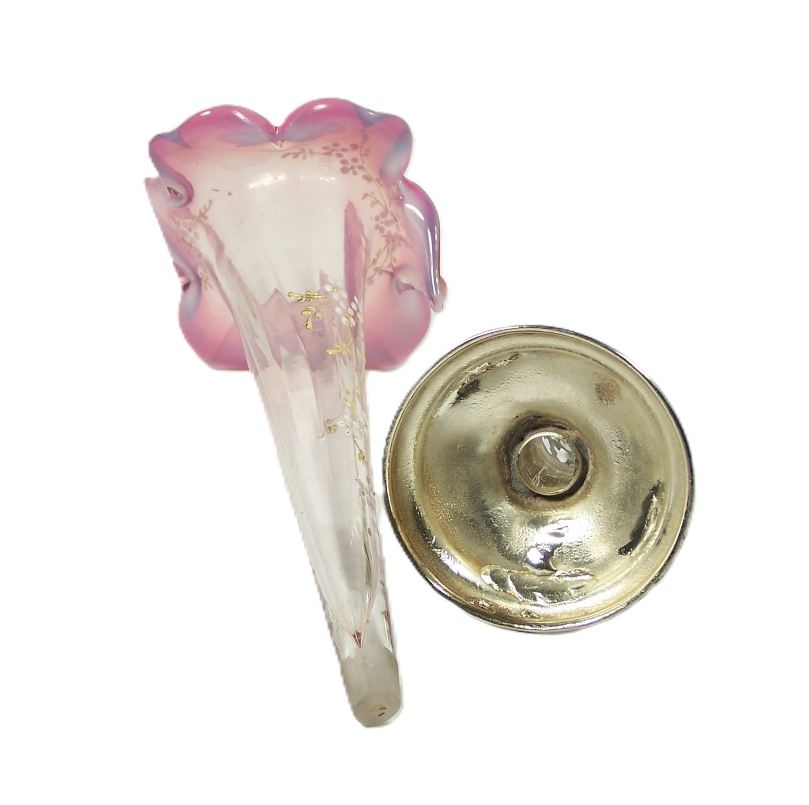 Vintage Jack in the Pulpit Epergne Vase with Holder Pink Opaline Enamel Flowers