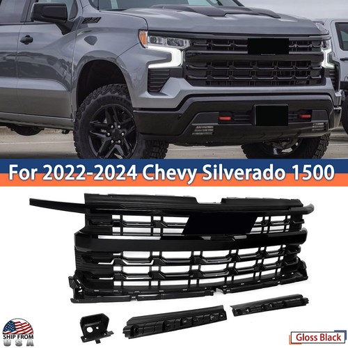 For 2022 2023 2024 Chevy Silverado 1500 Front Upper Bumper Grille Glossy Black