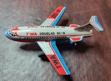 Vintage MARX Tin Friction TWA Douglas DC-9 Plane Airplane