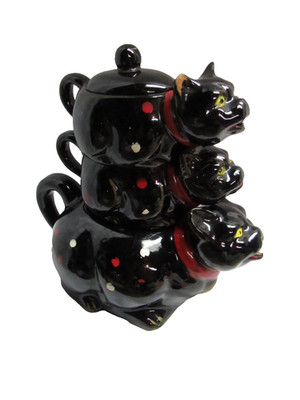 Vintage Redware Shafford Style Cats Stackable Set Tea Pot Sugar Creamer AS IS