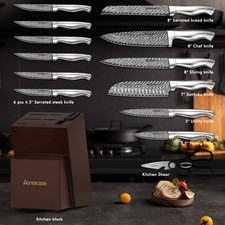 14 Pc Full Tang Kitchen Knife Set with Block Built In Sharpener Stainless Steel
