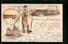 Lithographie Mülhausen, Neue Post, Giesserei, Neues Bassin, Arbeiter, tramway 