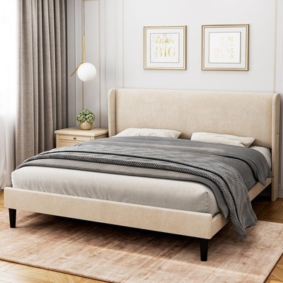 Full Bed Frame with Headboad and Wingback Velvet Upholstered Platform Bed Modern