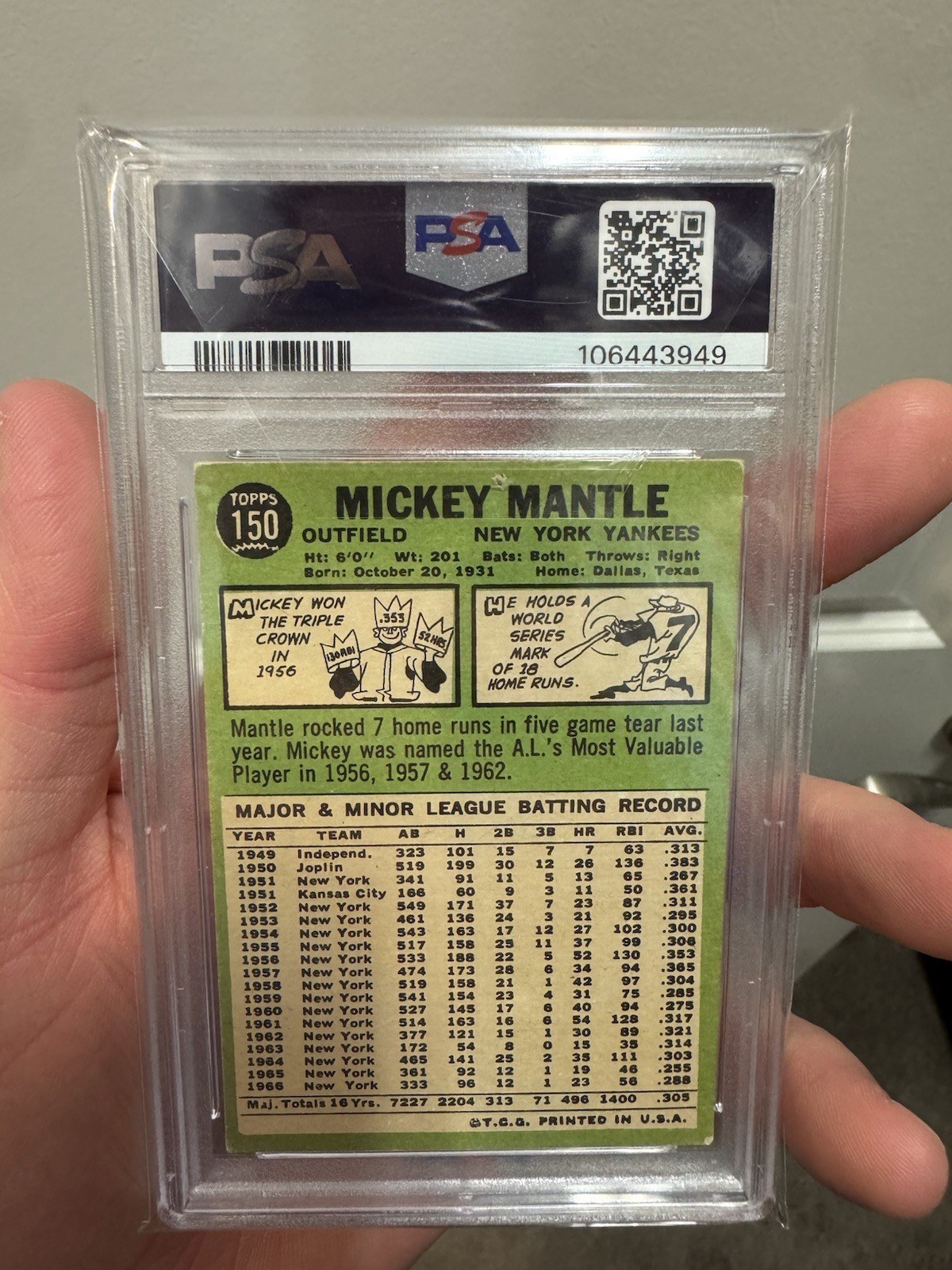 1967 Topps - Mickey Mantle #150 PSA 1 view 2