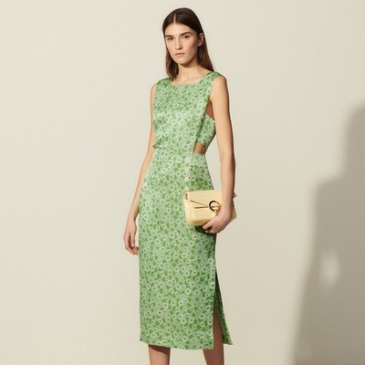 Sandro Ashley Floral Print Midi Dress Green Succession Worn Sleeveless Size 36
