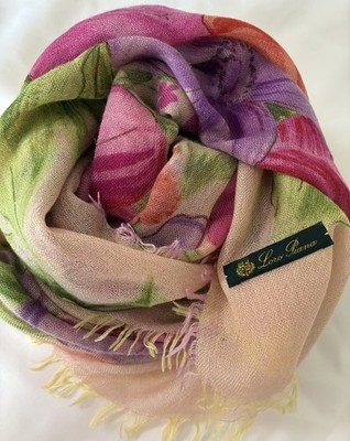 Loro Piana Women Luxury Cashmere Silk Shawl Fringe Scarf Floral