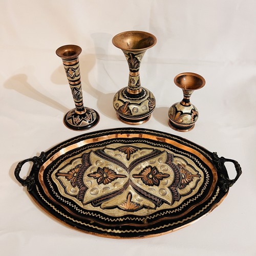 4 Turkish Copper Tray Serving Platter Vase Candlestick Engraved Turkey Set Lot - Picture 2 of 15