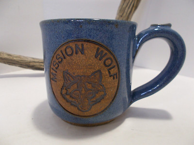 MISSION WOLF Glazed Small Blue Speckled Pottery Cup w Wolf Head Signed by Artist