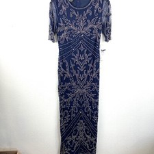 Pisarro Nights Beaded Mesh Column Gown SZ 4 Navy D2451 3/4 sleeve