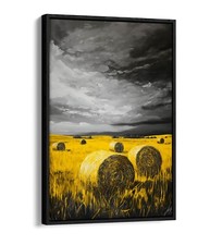 BLACK ADN WHITE PAINTING OF YELLOW HAY BALES -FLOAT EFFECT FRAMED CANVAS PRINT