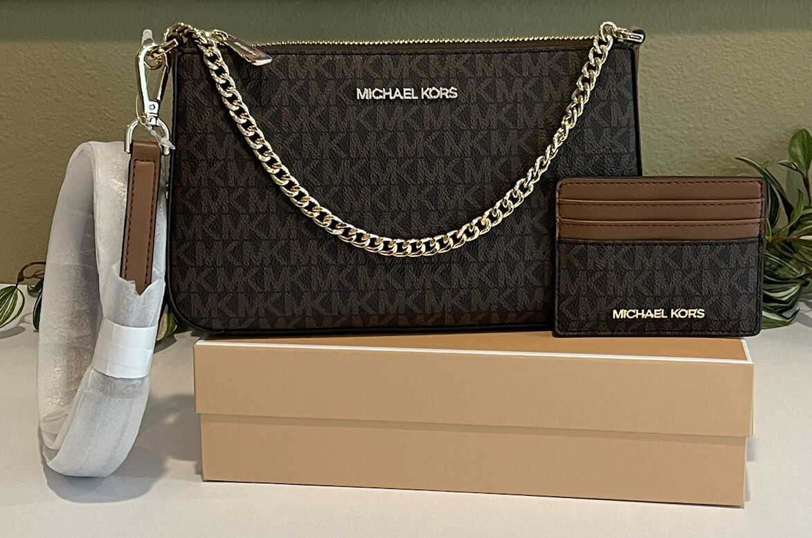 MICHAEL KORS JET SET ZIP POUCHETTE CHAIN CROSSBODY BAG MK BROWN