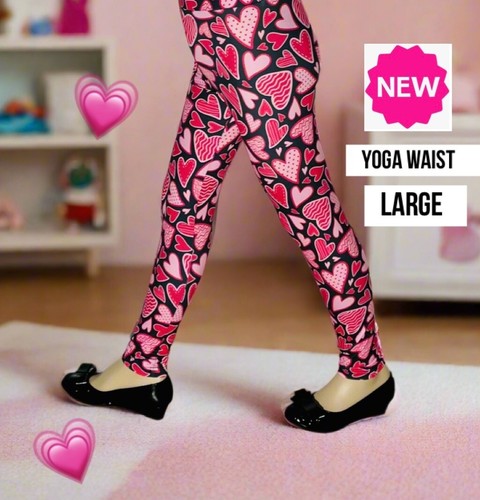 NEW Large Girls Pink Doodle Heart Leggings YOGA WAIST (Feel Soft as Lularoe) - Picture 3 of 10