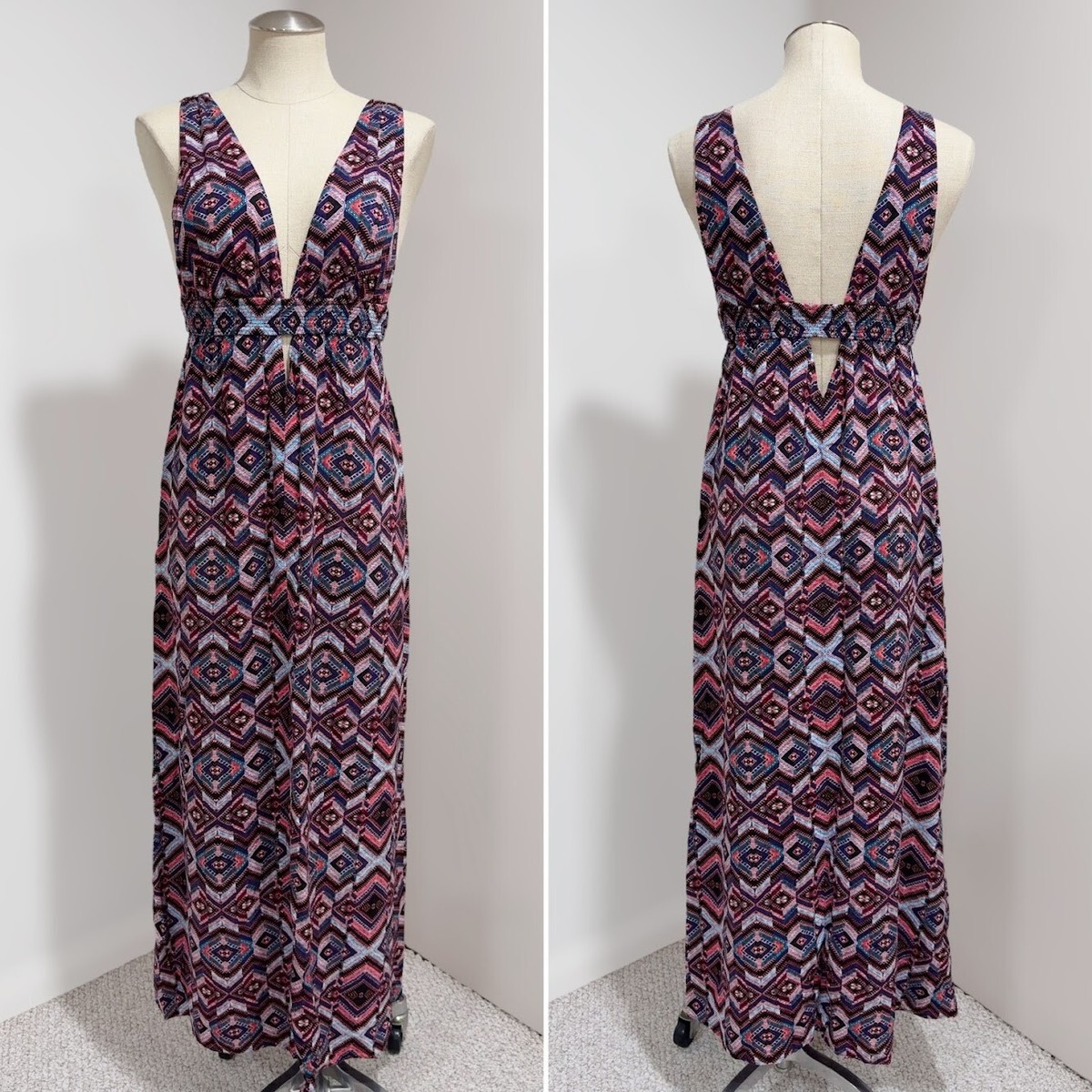 Forever 21 Womens Multicolor Printed Sleeveless V-Neck Cut-out Maxi Dress  Size L | eBay