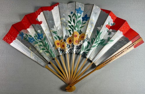 colorful Japanese hand fan red/silver/floral Yokohama 1946 nice condition