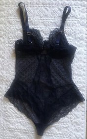 Dita Von Teese Navy Fiamma Bodysuit Swiss Dot & Scrollwork Lace 34D Cheeky Back