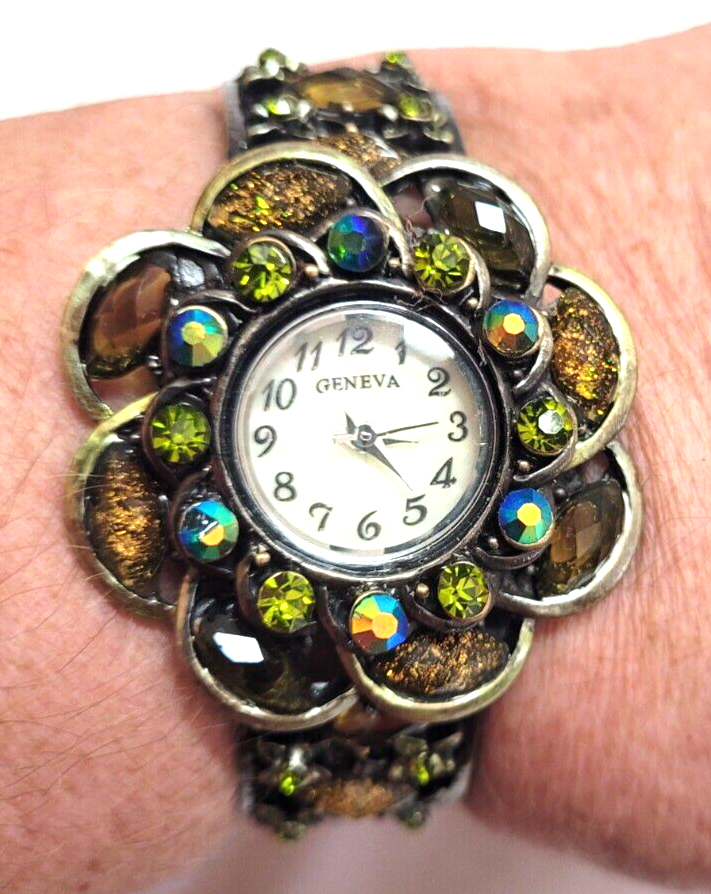 Geneva Rhinestone Flower Wrist Watch Cuff Jeweled Bling 7