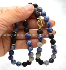 Handmade Natural 8mm Black Lava & Blue White Jade Gems Round Beads Necklace