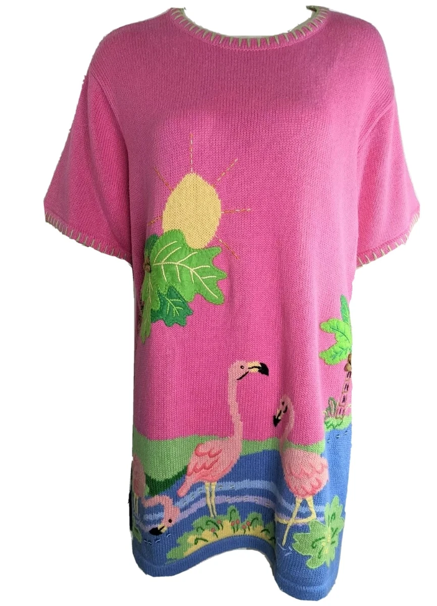 Quacker Factory Sweater 90s VTG Flamingos Womens L Pink Tropical Hipster Retro