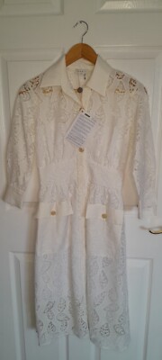 Sandro Zenali women cream midi  dress 3/4 sleeve broderie leaf pattern size Uk 6