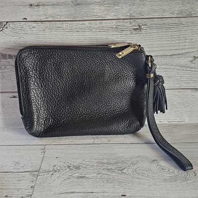 Talbots Wristlet Black Pebbled Leather  Purse 6x8 Double Zipper Tassel Pockets