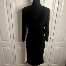 Lauren Ralph Lauren Dress 8 Black White Wrap Ruching Sheath Slimming MIDI