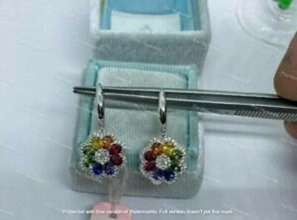 2Ct lab created Pear Cut MultiColor Sapphire Earrings 14K White Gold Finish - Image 2 of 4