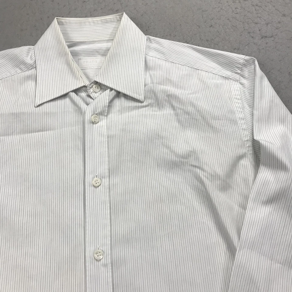 Camisa DE COLECCIÓN Prada Para Hombres 15 33 Blanco Azul Vestido a Rayas Italia Barrell Diseñador Foto 3 de 4