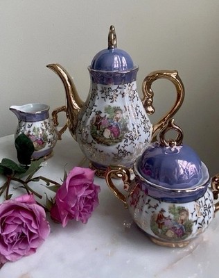 Vintage Japanese Purple Lusterware Tea Set 4, Fragonard Courting Couple Tea Set