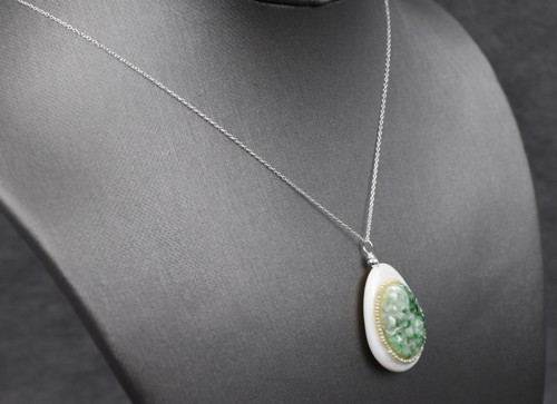 Sterling Silver 925 Mother of Pearl Pendant Carved Jadeite Jade & Pearl 18" 1.2g - Picture 5 of 13