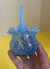 Fenton Glass 5.5” Opalescent Fern Optic Aqua Blue Basket