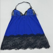 Frederick's of Hollywood Royal Blue and Black Lace Chemise halter lace trim NWT