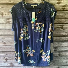 Daniel Rainn Women's Cap-Sleeved Top Sz 1X Blue Floral Crocheted Stitch-Fix NWT