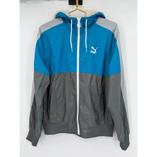 Puma Mens Sportlifestyle Colorblock Sherpa Hooded Windbreaker Jacket Blue Grey S video thumbnail